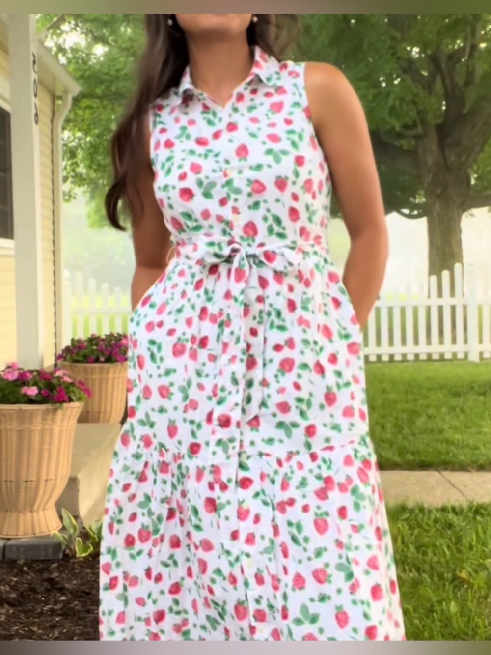 New J Crew Strawberry Print Collared Midi Dress Sleeveless Button Up Cotton Sz 2